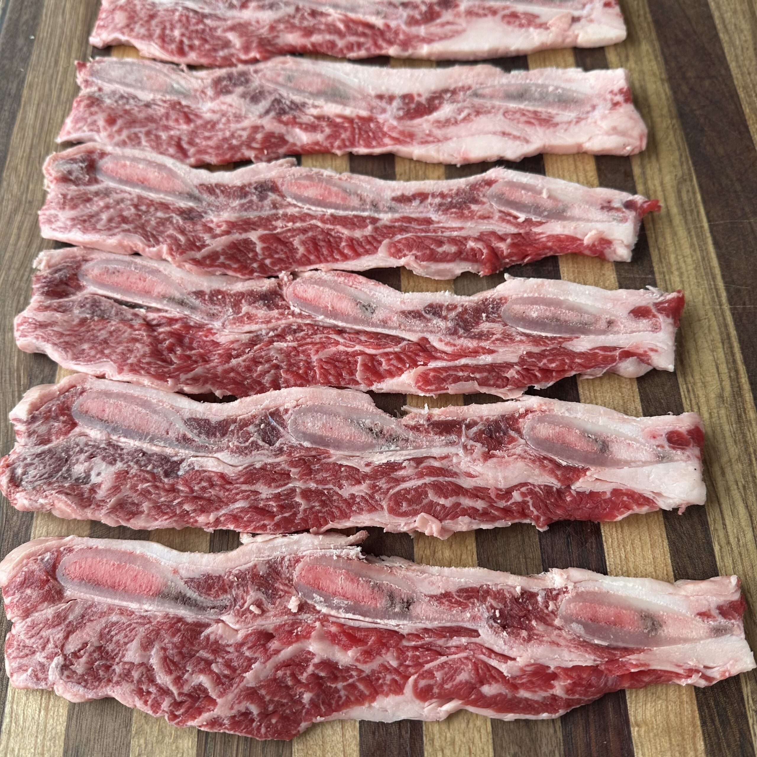 Flanken style short beef ribs