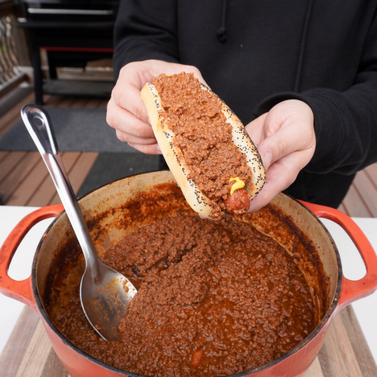 smoked chili hot dog.