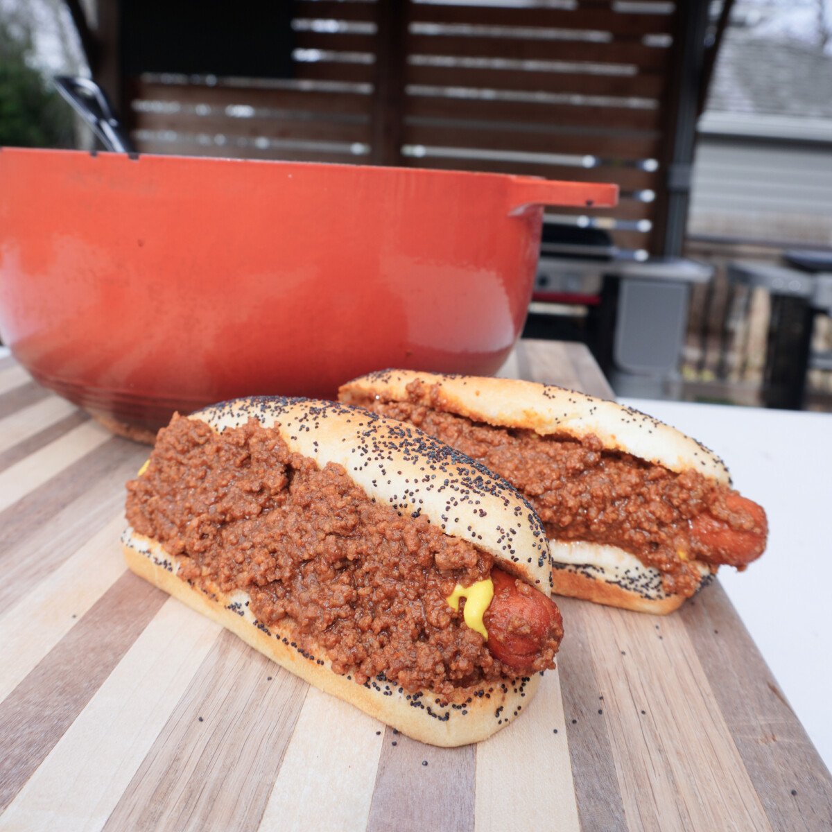homemade smoked chili hot dog.