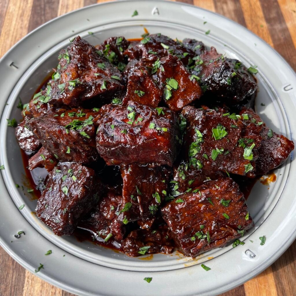 chuck roast burnt ends in a plate. 