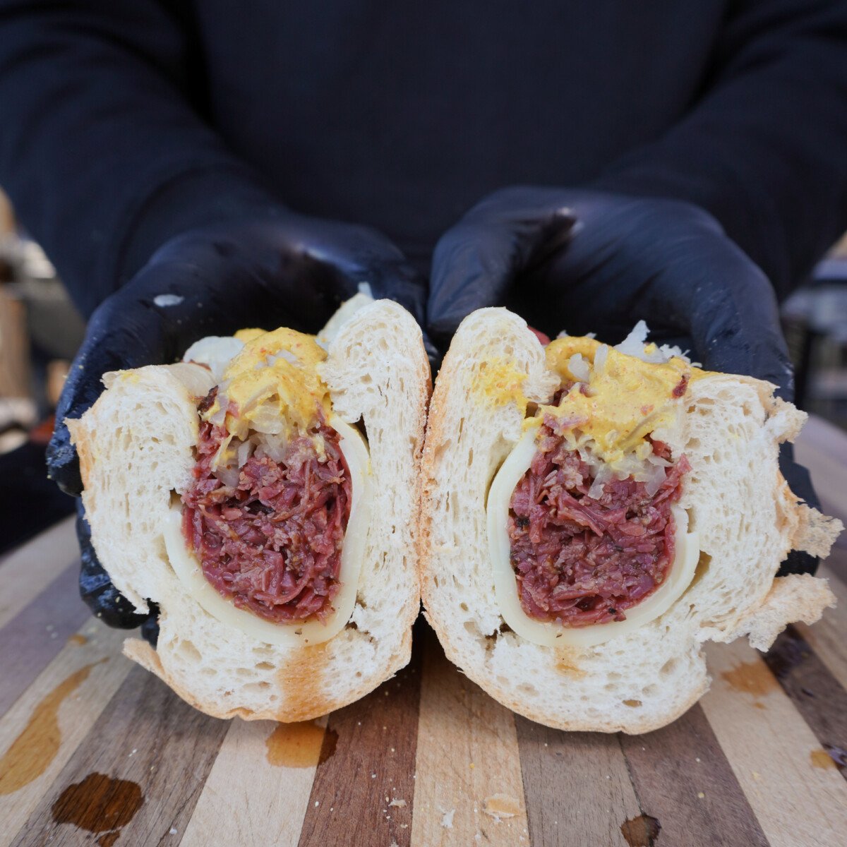 sliced reuben sandwich.