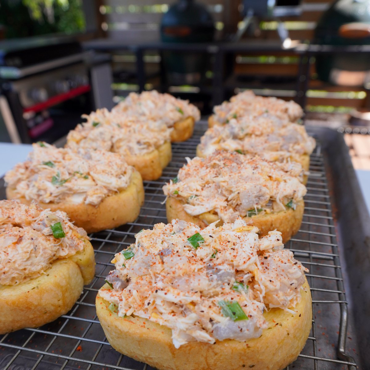 loaded toasts with the shrimp and crab mixture.