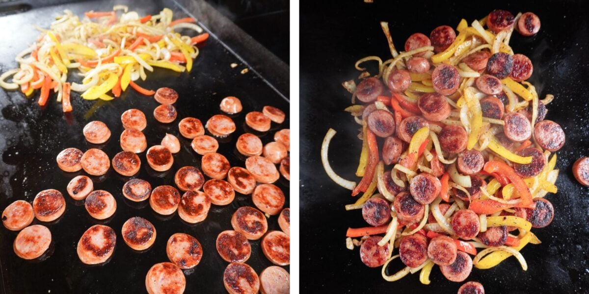 grilled sausage and tortellini on griddle.