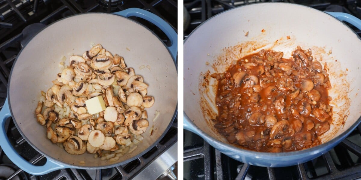 Sauteed mushrooms on the left, veggies in tomato sauce on the right.