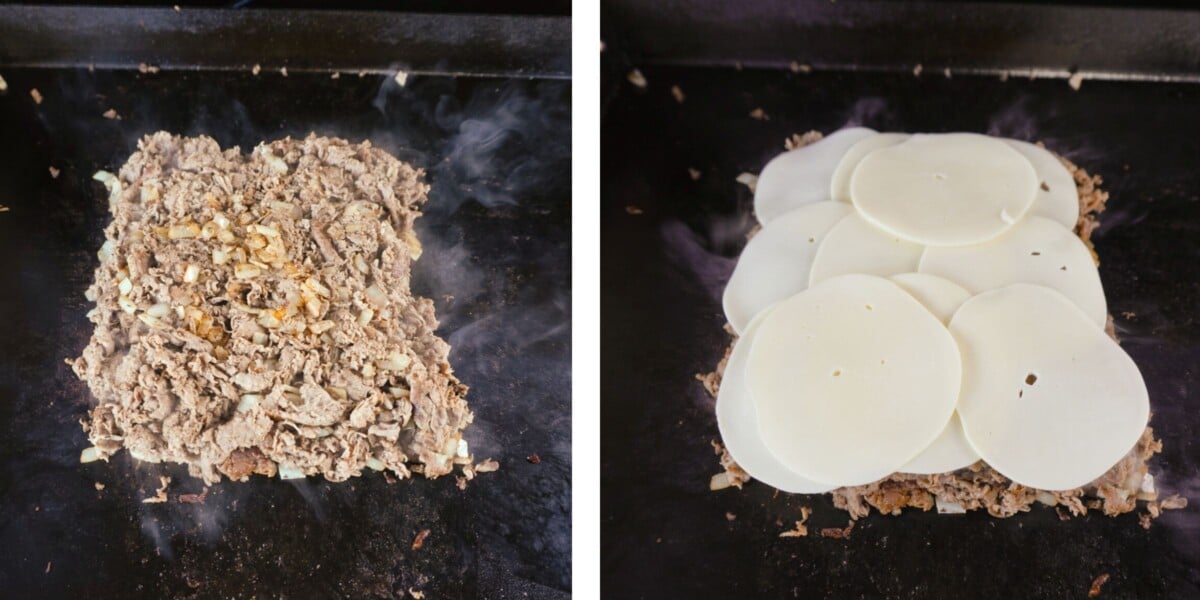 cooked ribeye steak and onions on the left, covered in provolone cheese on the right.