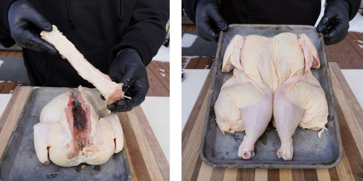 Illustration showcasing spatchcocking a chicken.