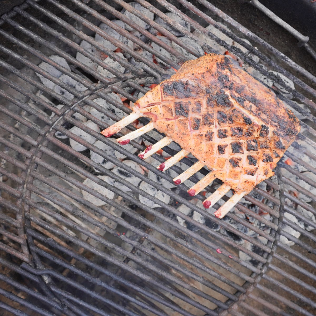 grilled rack of lamb over direct heat on the grill.