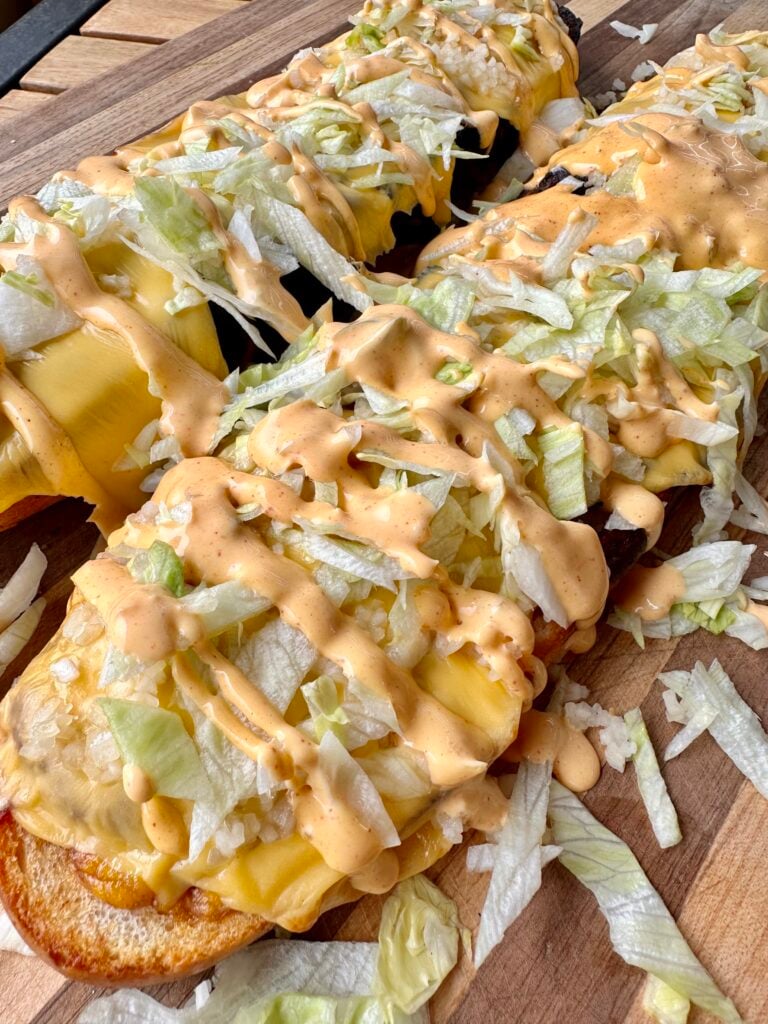 grilled and assembled long mac sandwich.