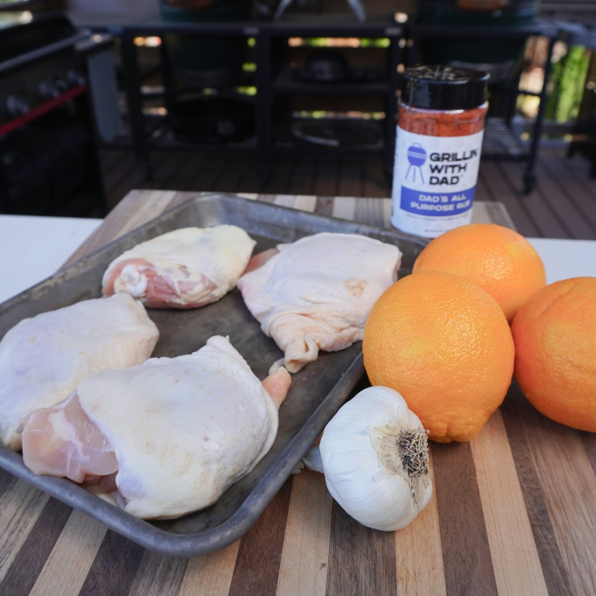 orange marinade ingredients and chicken thighs. 