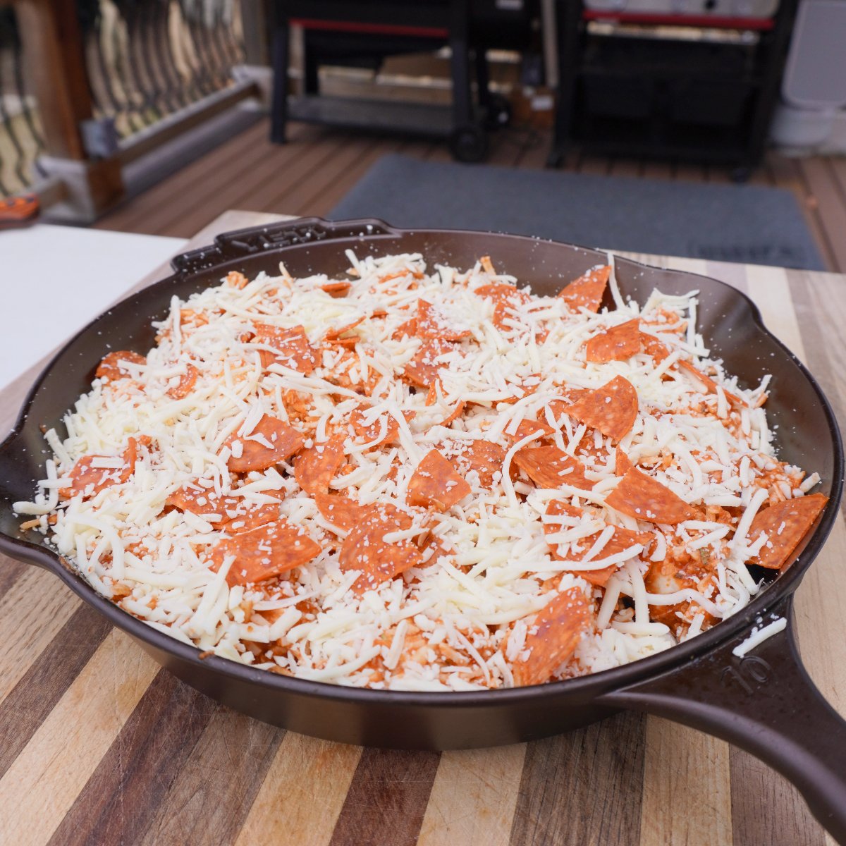 prepped pull apart pepperoni in a skillet. 