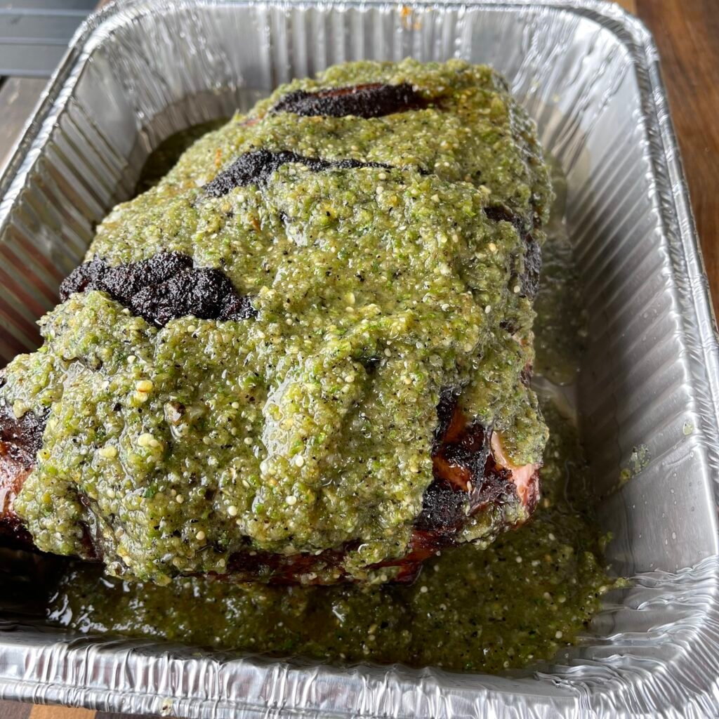 smoked pulled pork with salsa verde.