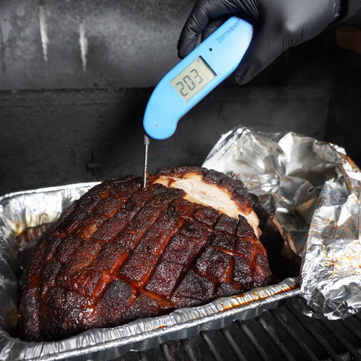 classic pulled pork temp check after step 1 of low and slow cooking.