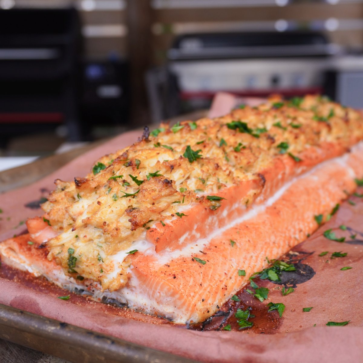 smoked crab stuffed salmon filet on butcher paper.