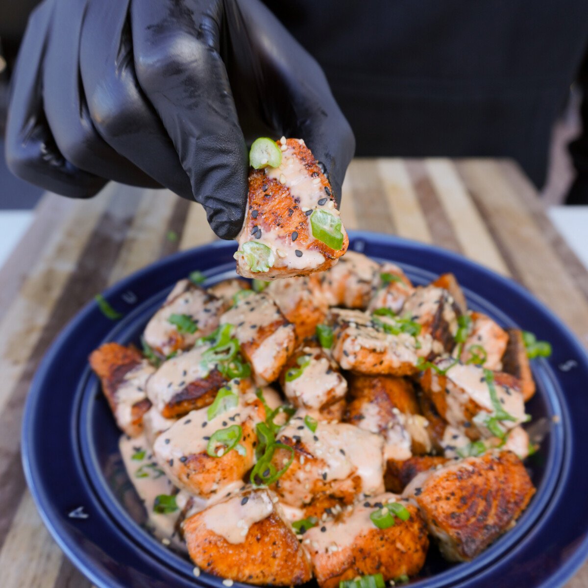 crispy cajun salmon bites up close.