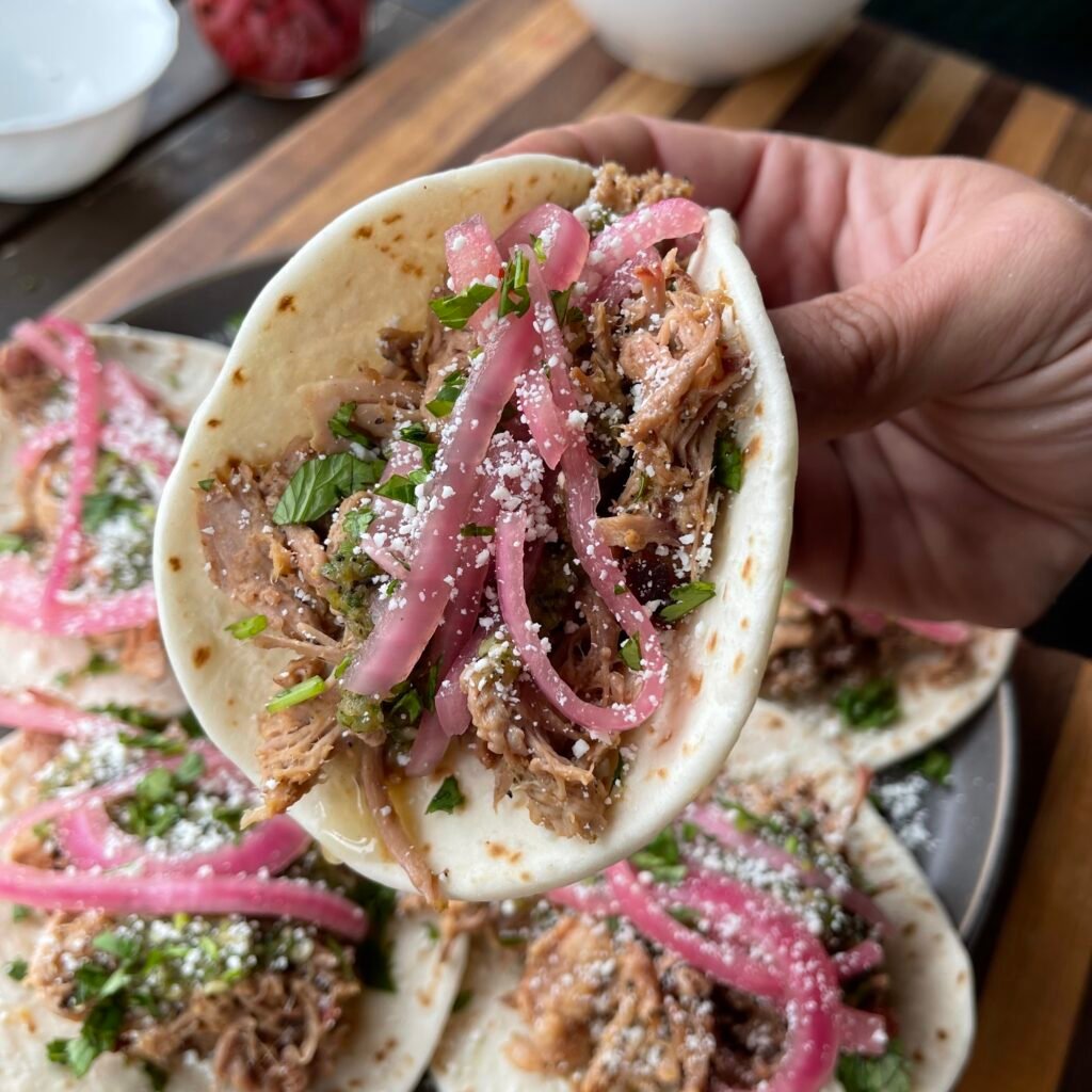 salsa verde pulled pork tacos.