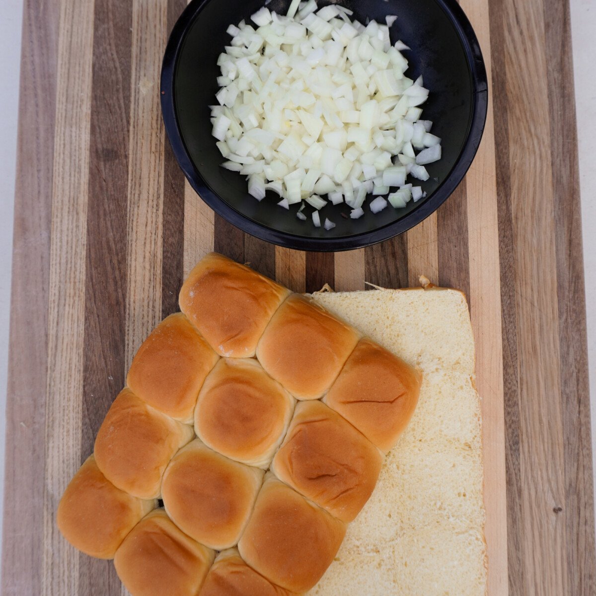 sliced kings hawaiian sliders and diced onion.