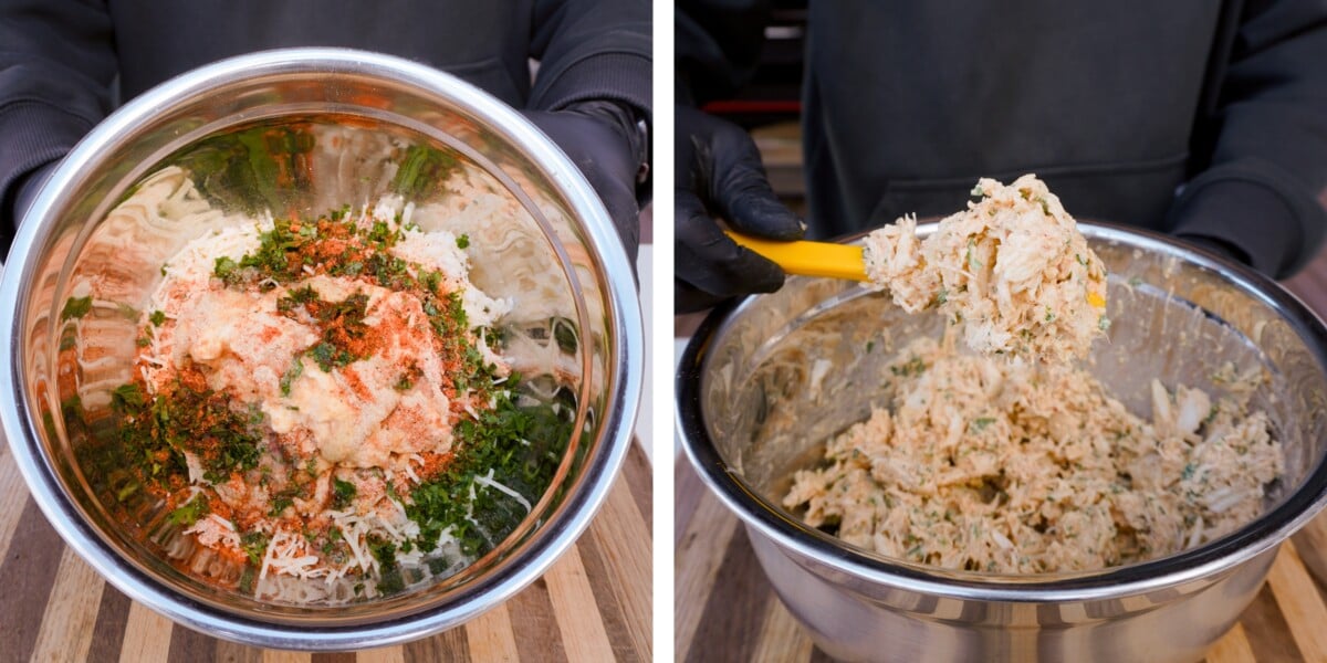 crab stuffing ingredients mixed in silver bowl.