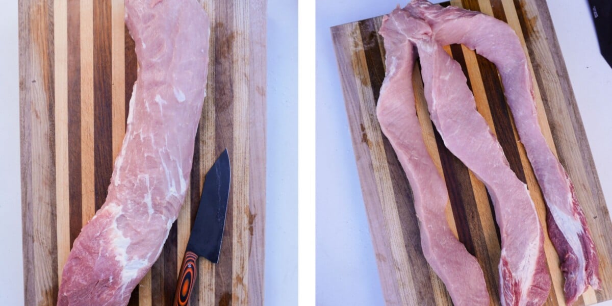 Trimmed raw pork loin on a cutting board on the left and a sliced pork loin into 3 even sized strips on the right.