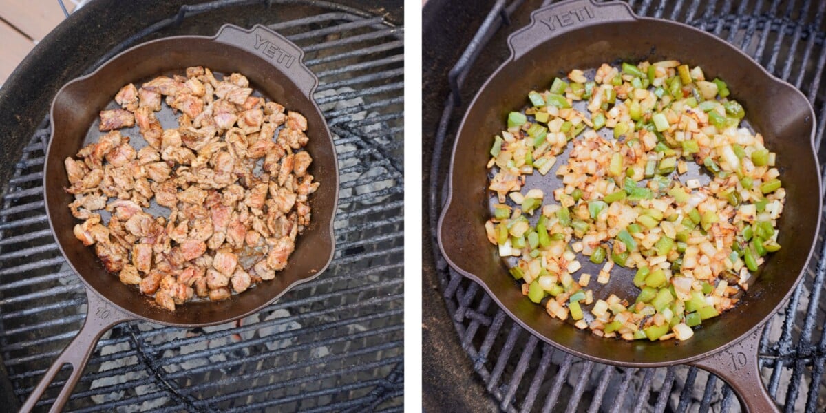 left image has grilled steak on a skillet, while the image on the right shows sauteed diced onion and bell peppers.