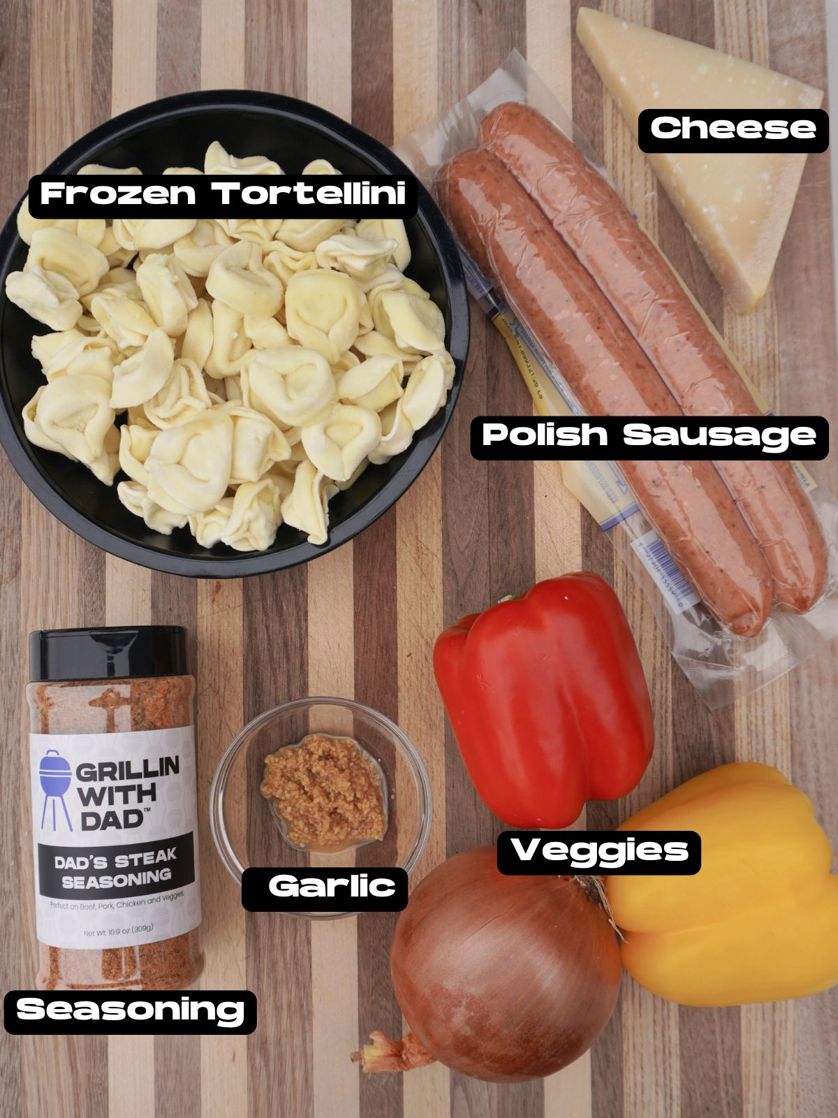 Grilled Sausage and Tortellini Dinner Ingredients.