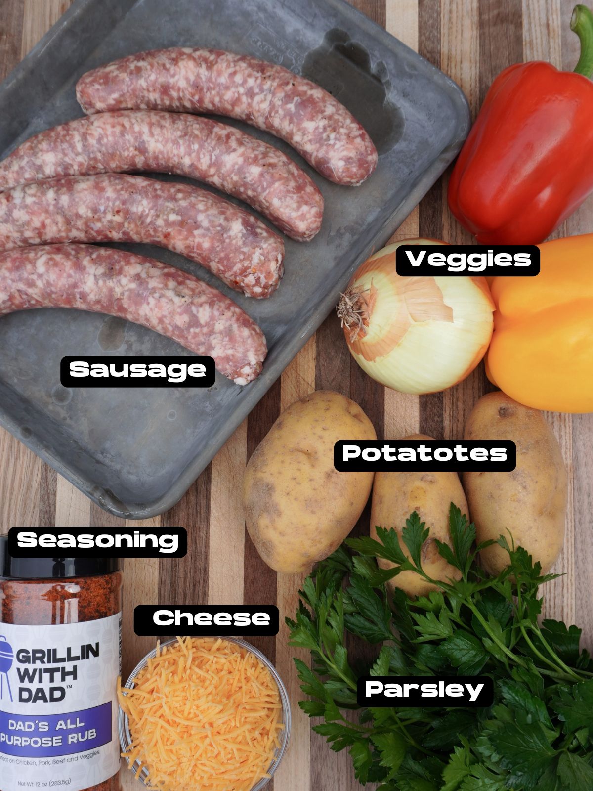 Ingredient List for Cheesy Sausage and Potato Dinner.