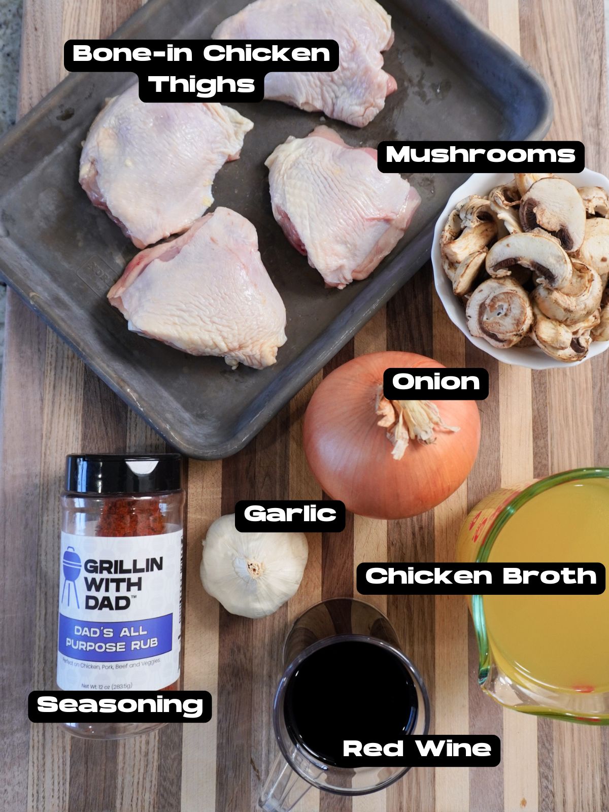 Ingredients for the braised chicken in mushroom and tomato sauce.